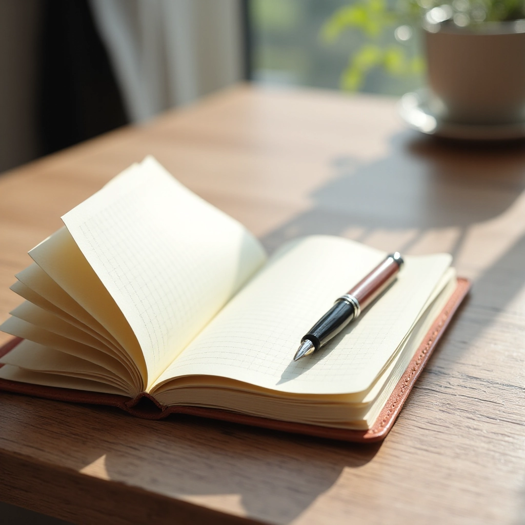 Open leather-bound study journal showing thick ruled pages with gray grid pattern, fountain pen resting on page, natural daylight
