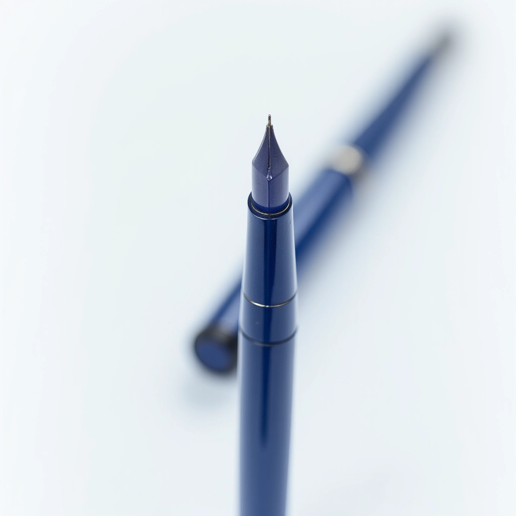 Premium deep blue fountain pen with stainless steel nib, closed and open cap on white background, studio lighting